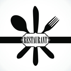 silhouette spoon knife fork background / restaurant theme vector illustration