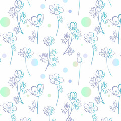 Vector drawn linear doodle seamless pattern with abstract flowers and circles, bubbles. A romantic pattern of pastel, pale colors. It can be used for design of wrappers, backgrounds, fabrics, etc.