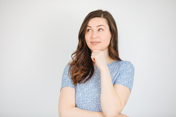 Fototapeta premium Woman wearing blue shirt and smiling. Job advertisement for young people. job announcement. 