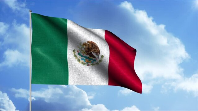 Mexico flag waving with 3D effect on blue cloudy sky background, seamless loop. Motion. Wide green, white, and red stripes and the round shaped emblem.