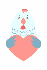 Cute cartoon rooster chicken bird holds a heart sign with copy space. set valentine's day greeting card banner invitation flyer brochure. cartoon hand drawn style. Little animals pets in love
