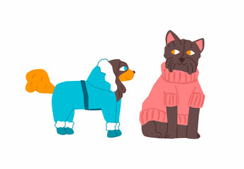 Vector illustration with two dogs in warm clothes. The concept of accessories for pets, their care. You can use elements in web design, banners, etc.