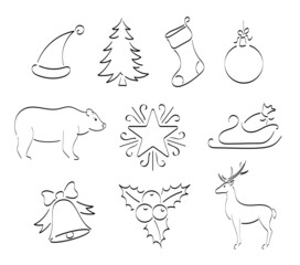 Black outline set of new year and christmas symbols drawn in ink