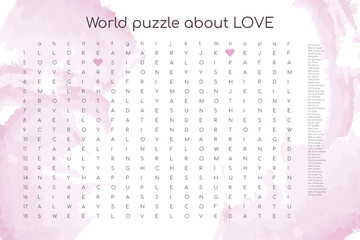 Fototapeta na wymiar Valentines day word puzzle crossword - find the listed words about love in the brain work puzzle. attentiveness test, riddle game in English. words are located forward and down