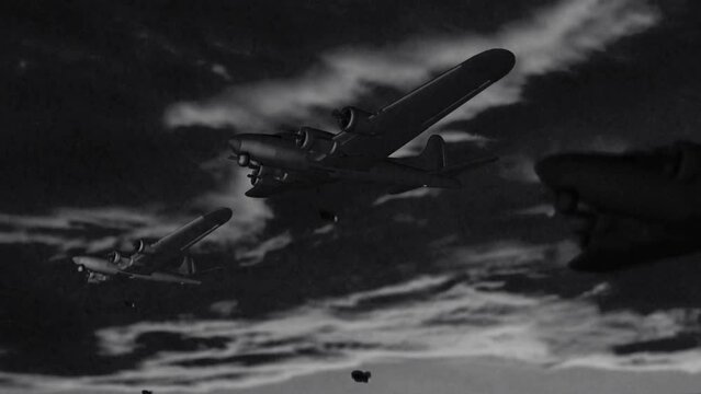 Film animation of bombing by war planes during World War II. 