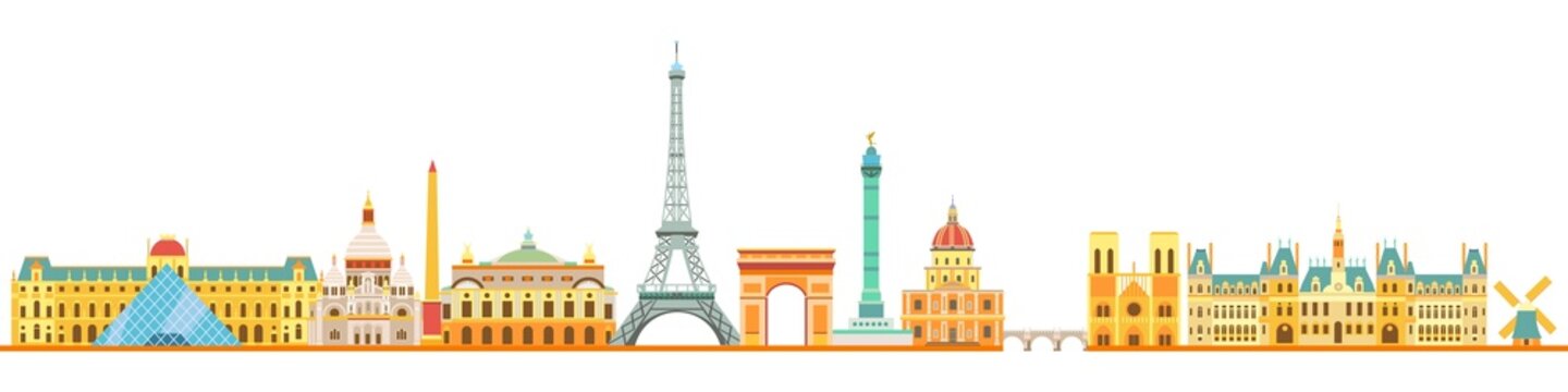 Paris skyline with illustration. Touristic architectural structures. City colorful silhouette.	
