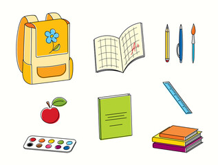 Bright vector line art set of school supplies for school children education