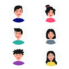 Avatars, icons, portraits of teenagers. 6 funny and cute characters, members. Vector illustration.