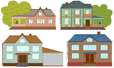 A set of beautiful houses will decorate your design. A group of houses is suitable for advertising a real estate agency, sale or rental. Vector illustration. - 482900244
