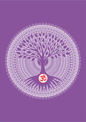 The tree of life with aum, om, ohm sign in center natural and spiritual symbol. Vector graphics