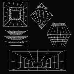 Set of retro futuristic design elements, perspective grids, tunnel, RETRO title, polar grid, black hole, bipyramidal, circle portal, gravity visualization. Cyberpunk 80s style. Vector illustration.