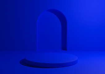 Monochrome podium for product  advertising and marketing. Minimal electric, bright blue 3D studio composition with geometric shapes and round stand