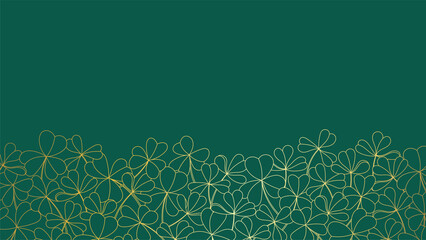 Luxury elegant line art background golden clover leaves on emerald green background with copy space