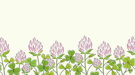 Line art watercolor set of clover leaves and pink flowers. Happy St. Patricks Day