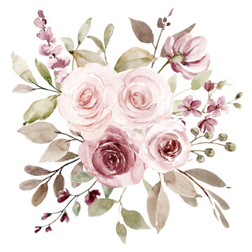 Flowers watercolor painting, pink and burgundy roses bouquet for greeting card, invitation, poster, wedding decoration and other printing images. Digital illustration isolated on white.