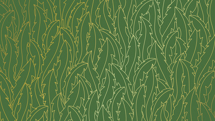 Line art golden wallpaper with dandelion leaves on emerald green background