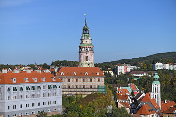 Castle tower in Cesky Krumlov cityscape Czech republic