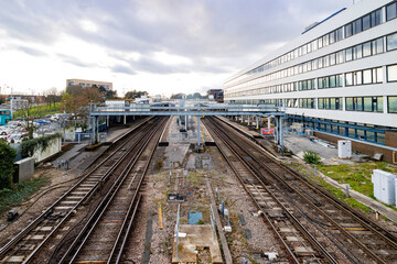 Naklejka premium Overcast view of railway and resident building