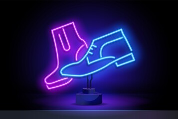 neon shoes. woman heeled shoe neon sign. Retail, marketing, sale design. Night bright neon sign, colorful billboard, light banner. Vector illustration in neon style.