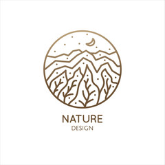 Vector logo of nature elements. Ornamental mountains, plants and fields. Linear icon of mountain landscape with trees, river, clouds.