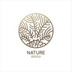 Vector logo of tropical leafs in circle. Palm leaf linear emblem for design of business, holiday, travel agency, ecology and resort concept, tourism, spa and natural cosmetics