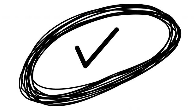 Self-drawing doodle oval with a check mark one line on a white back. The concept of a completed case, successful execution, approval, choice, voting. Stock video for business whiteboard presentation.