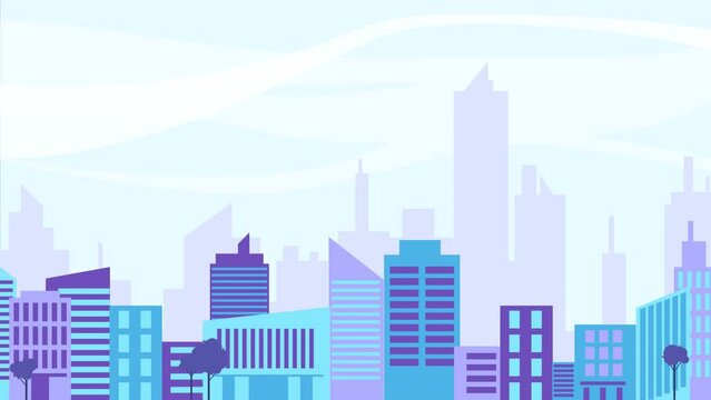 city skyline landscape view, town buildings and skyscrapers, urban cityscape town. Architecture silhouette of downtown. panoramic sight, day time, sky. looped animation with 2d parallax effect.