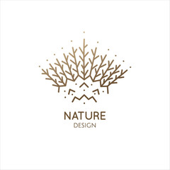 Modern abstract nature logo. Natural symbol of forest, lake. Herbal plant, leaf, tree landscape icon. Vector line pattern. Circle emblem of garden. Tattoo, spiritual yoga, travel, cosmetics, beauty.