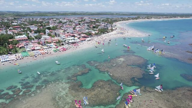 Aerial view of Porto de Galinhas beaches, Pernambuco, Brazil. Natural pools. Fantastic vacation travel. Great beach scene. 4K.