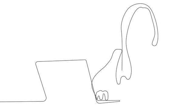 One line. Middle aged business woman using laptop working on computer sitting at desk with black line and white background. High quality 4k footage