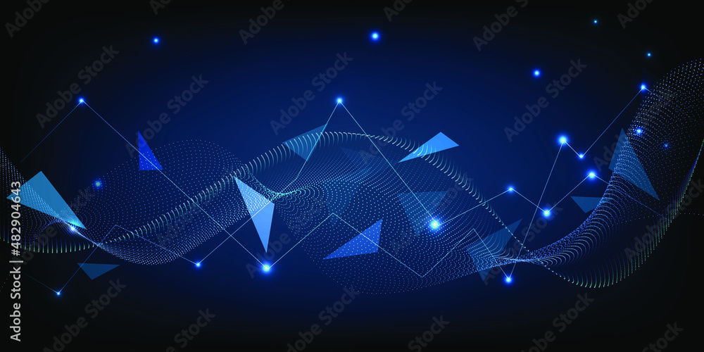 Poster vector illustrations of big data technology with wave wireframe and glowing point particles.futurist