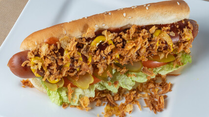 Hot dog with lettuce, gherkin, fried onions, ketchup on white plate. Hot dog prepared with danish ingredients.