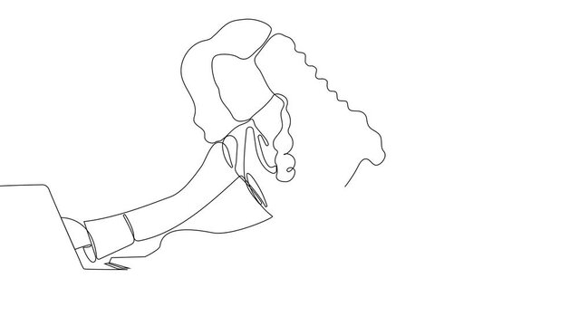 One line. Middle aged business woman using laptop working on computer sitting at desk with black line and white background. High quality 4k footage