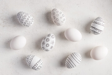 Happy Easter background. easter eggs with geometric pattern on white background. flat lay composition