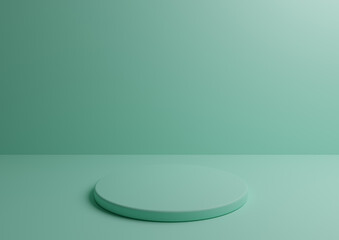 Monochrome podium for product  advertising and marketing. Minimal turquoise 3D studio composition with geometric shapes and round stand