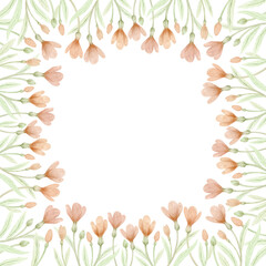 Watercolor square frame with pink crocuses and leaves isolated on white background.