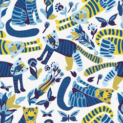 Seamless vector pattern design of a cute tiger with decorative flowers in blue and yellow tones