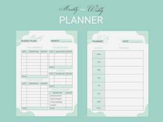 Monthly and weekly budget planner template. Planning concept. Organizer for agenda.