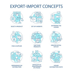 Export and import business turquoise concept icons set. Entrepreneurship idea thin line color illustrations. Isolated outline drawings. Editable stroke. Roboto-Medium, Myriad Pro-Bold fonts used