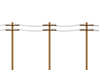 Electric pole isolated on white background. Wood power lines, Electric power transmission. High voltage wires. free space for text. copy space.