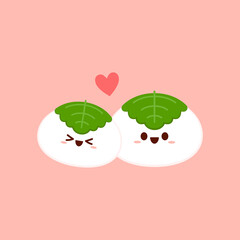 “Kashiwamochi” is rice cake wrapped in oak leaf. “Kashiwamochi” is Japanese dessert. Mochi character design.