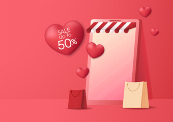 Sale on mobile phone for online sale for website banner or poster sale. Pastel color, Vector illustration. Valentine sale poster.