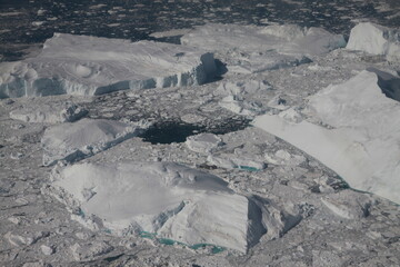 morze gęsto pokryte topniejącą krą i bryłami lodu u wybrzeży grenlandii - obrazy, fototapety, plakaty