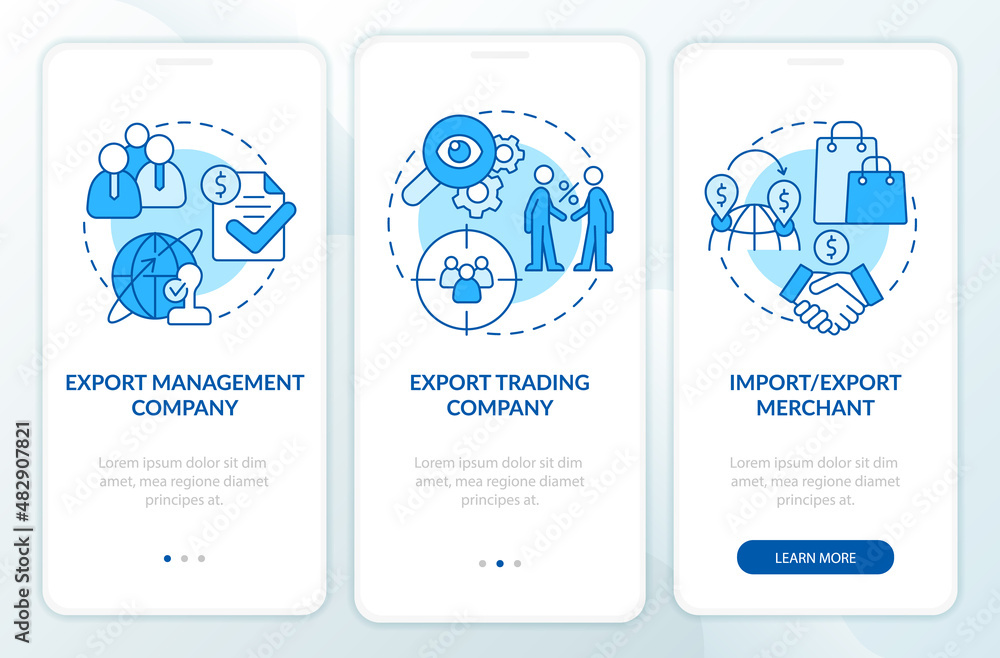 Poster types of import and export business blue onboarding mobile app screen. walkthrough 3 steps graphic i