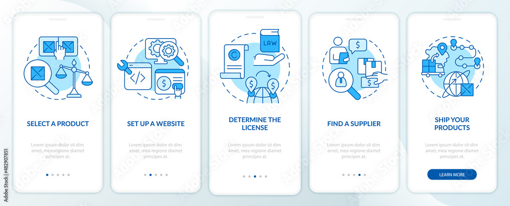 Poster how to start export business blue onboarding mobile app screen. walkthrough 5 steps graphic instruct