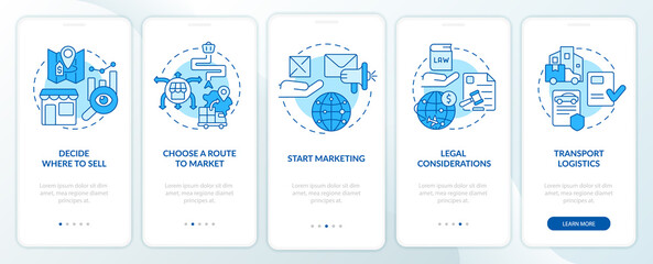 Export business tips blue onboarding mobile app screen. Walkthrough 5 steps graphic instructions pages with linear concepts. UI, UX, GUI template. Myriad Pro-Bold, Regular fonts used