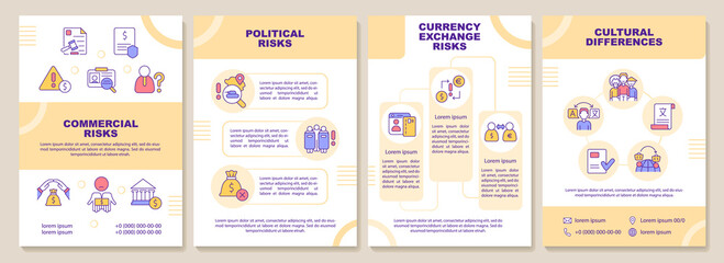 Export business risks brochure template. Cultural and political problem. Leaflet design with linear icons. 4 vector layouts for presentation, annual reports. Arial-Black, Myriad Pro-Regular fonts used