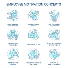 Employee motivation turquoise concept icons set. Personal growth plans idea thin line color illustrations. Feedback round. Isolated symbols. Editable stroke. Roboto-Medium, Myriad Pro-Bold fonts used