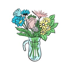 A bouquet of flowers in a jug with a handle. Hand sketch. Vector illustration isolated on white background.