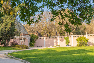 Garden Tapada das Necessidades at sunset in Lisbon, Portugal